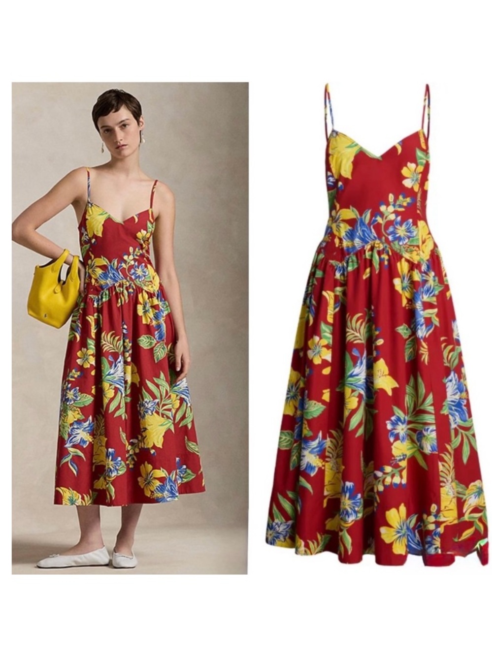 Polo Ralph Lauren Tropical-Floral Cotton Poplin Spaghetti-Strap Midi Dress sz 6